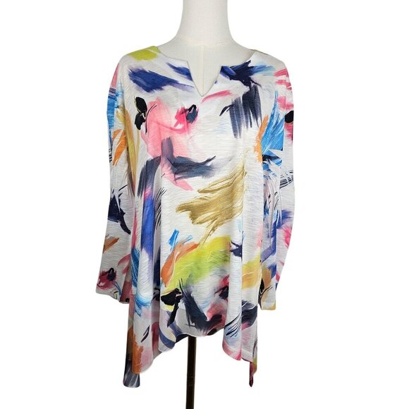 Jess & Jane XL Vernet Slit V-Neck Chiffon Abstract Print Top Lightweight - Picture 1 of 9